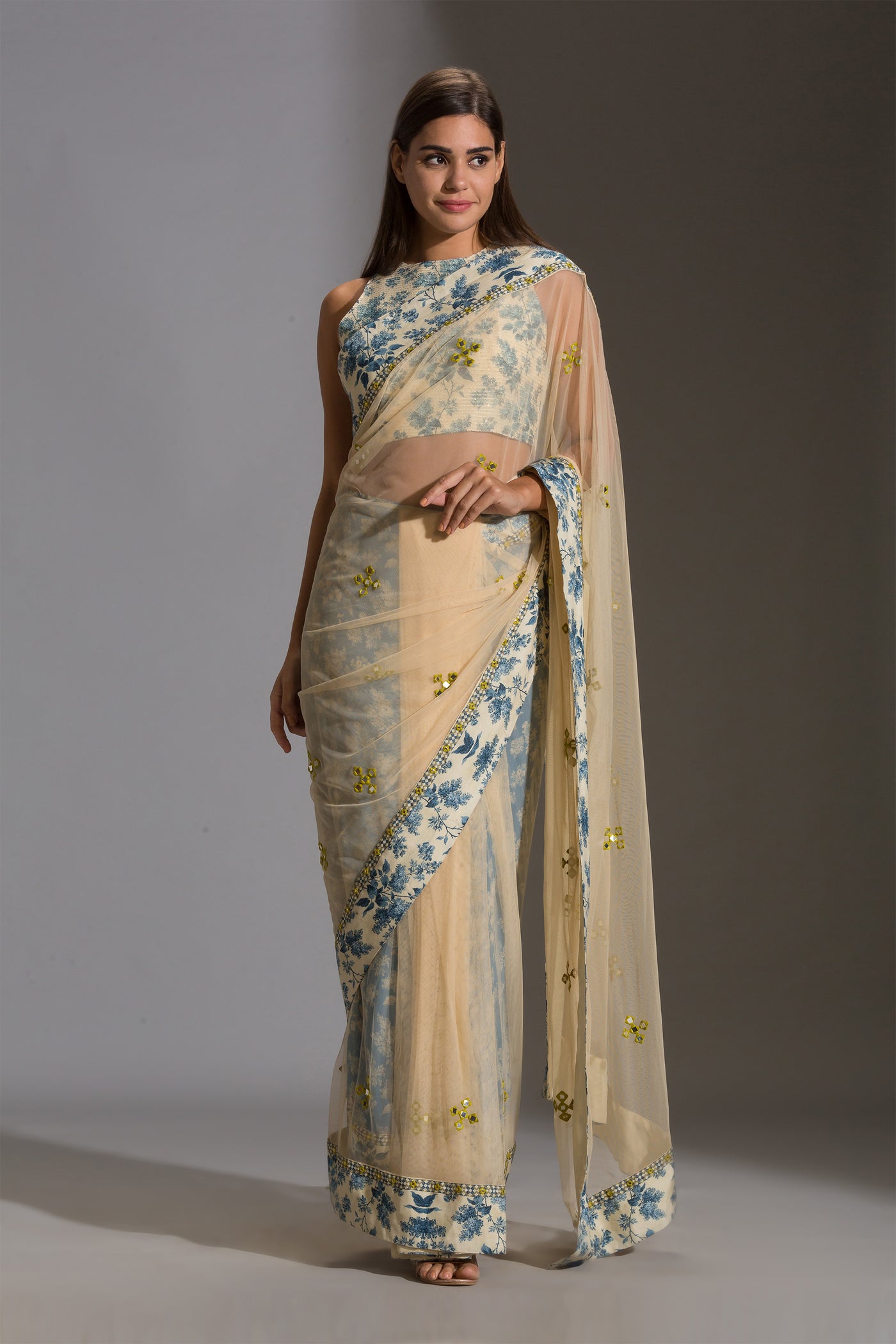 sougat paul Pre stitched pre draped net saree with incut sleeveless blouse blue festive fusion online shopping melange singapore indian designer wear