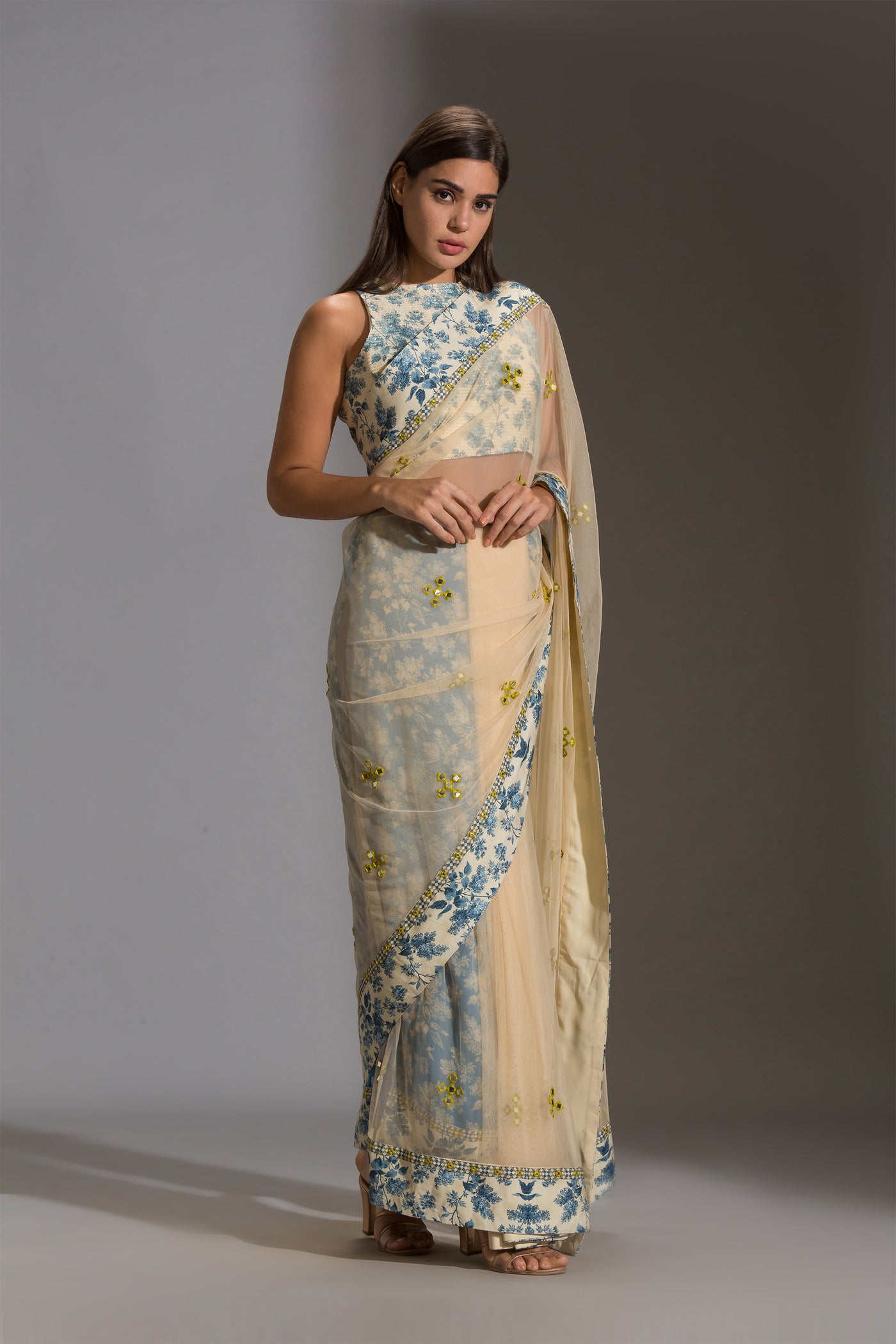 sougat paul Pre stitched pre draped net saree with incut sleeveless blouse blue festive fusion online shopping melange singapore indian designer wear