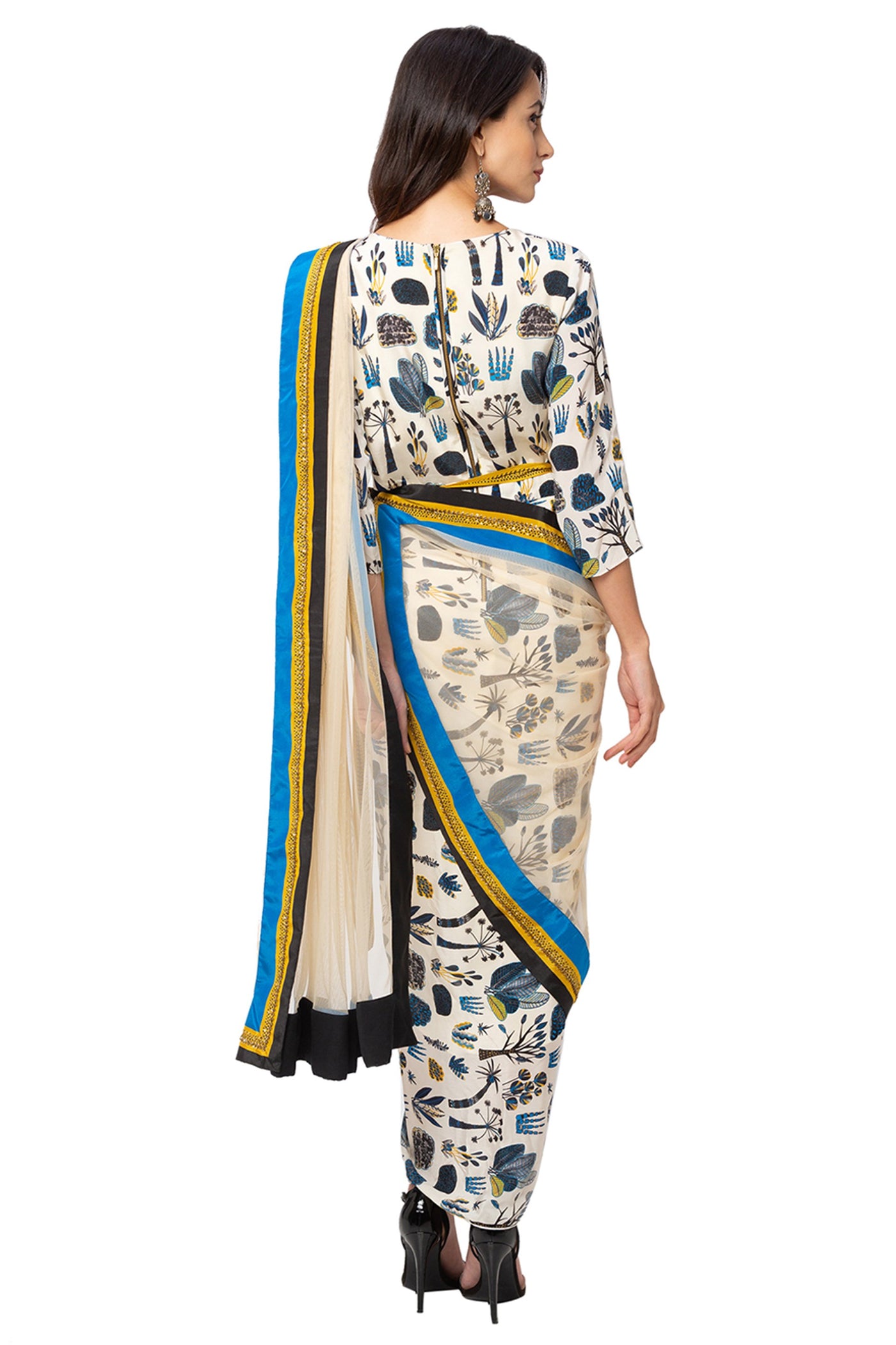 Off White Pre Stitched Saree Dress