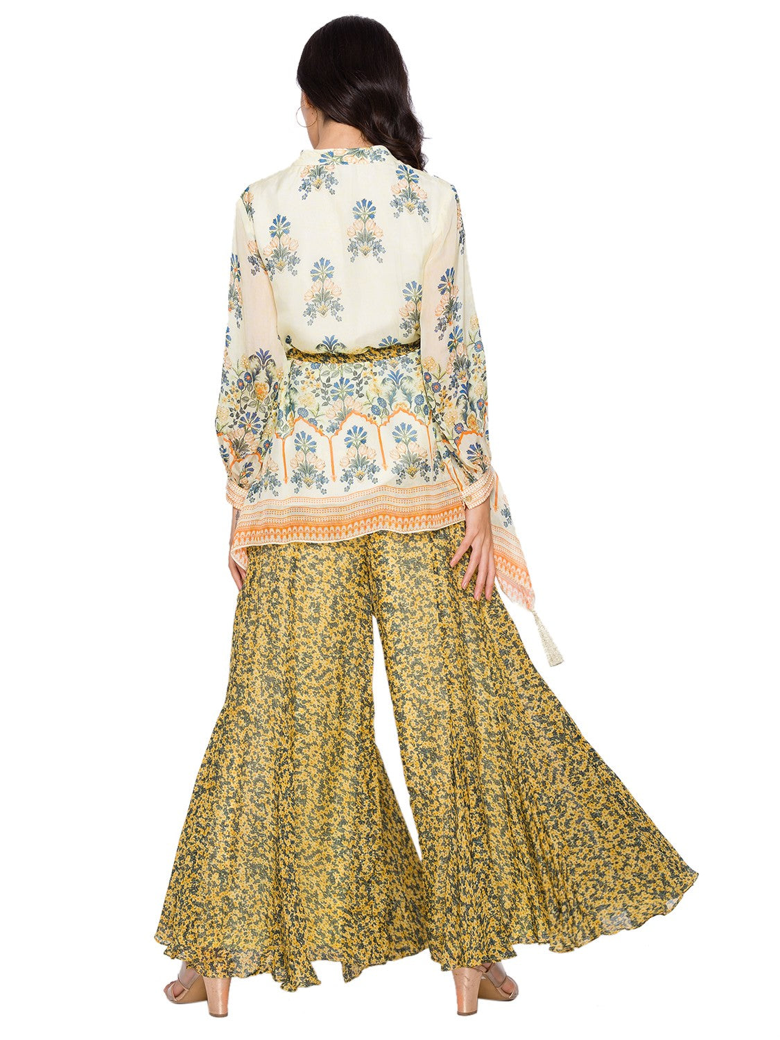 sougat paul Printed Asymmetrical Top And Sharara Set yellow fusion festive indian designer wear online shopping melange singapore