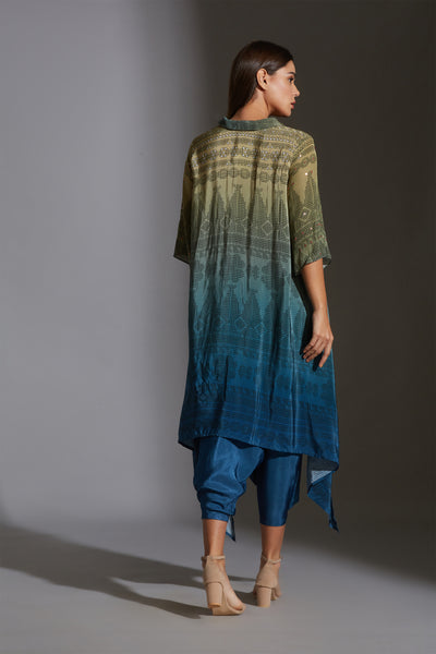 sougat paul Printed asymmetrical top with mirror embroidery paired with dhoti green blue fusion online shopping melange singapore indian designer wear