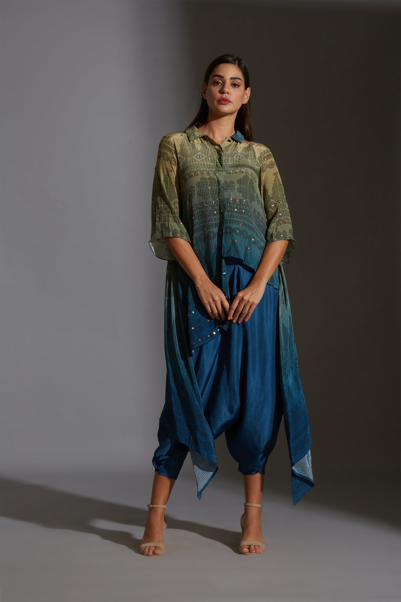 sougat paul Printed asymmetrical top with mirror embroidery paired with dhoti green blue fusion online shopping melange singapore indian designer wear