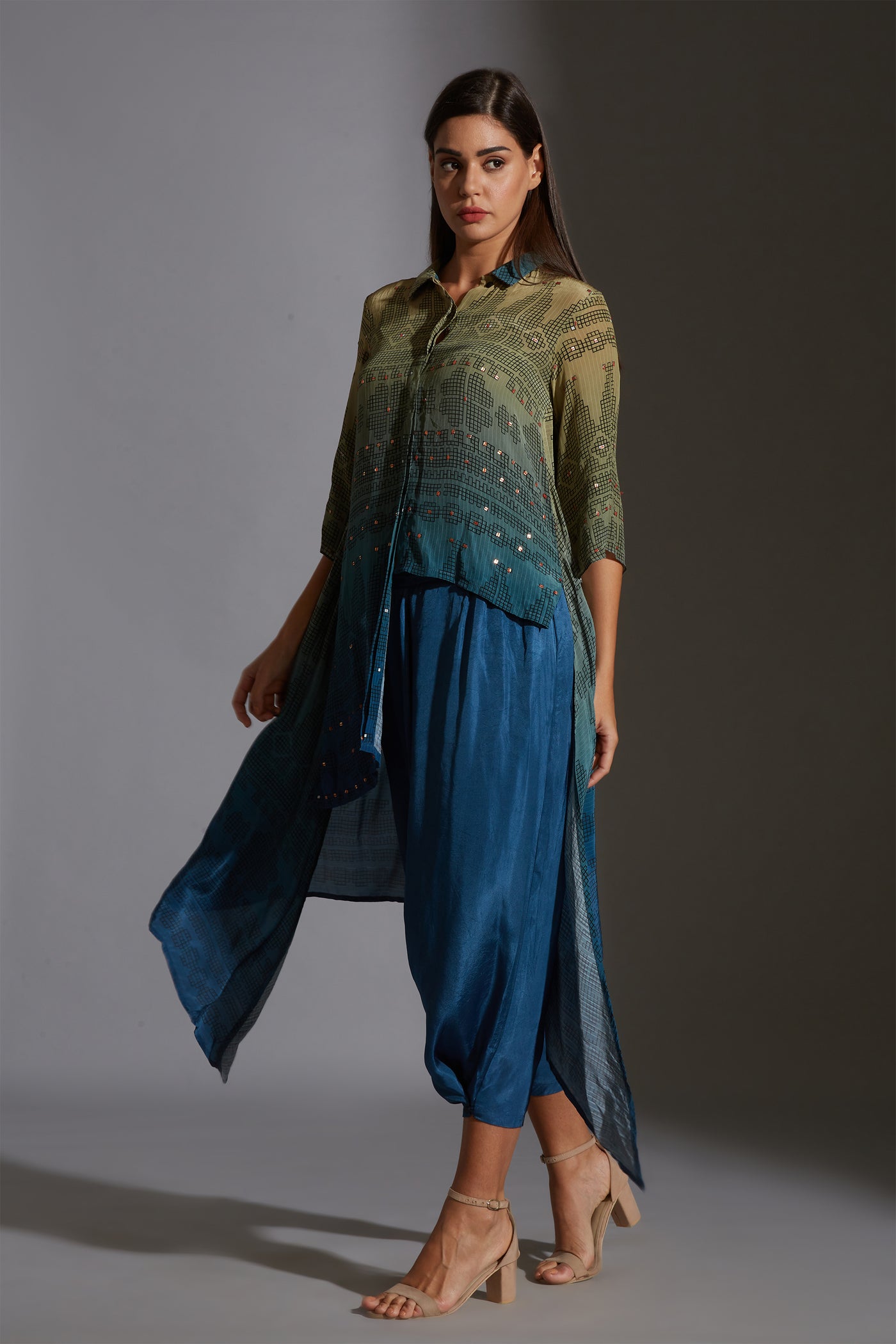 sougat paul Printed asymmetrical top with mirror embroidery paired with dhoti green blue fusion online shopping melange singapore indian designer wear