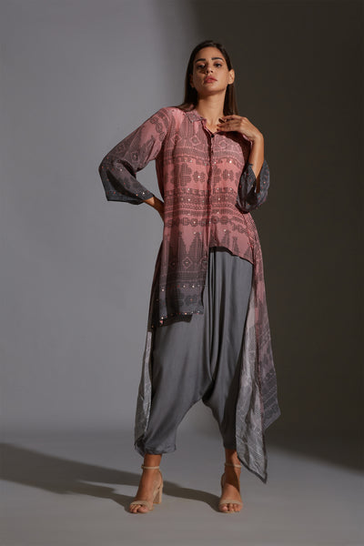 sougat paul Printed Asymmetrical Top With Dhoti pink grey fusion online shopping melange singapore indian designer wear