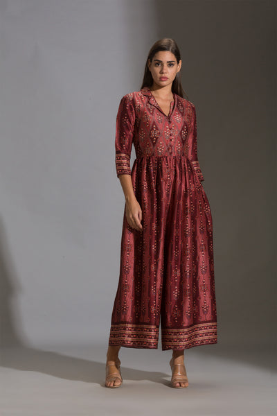 Sougat paul Maroon Printed Collared Jumpsuit festive fusion online shopping melange singapore indian designer wear