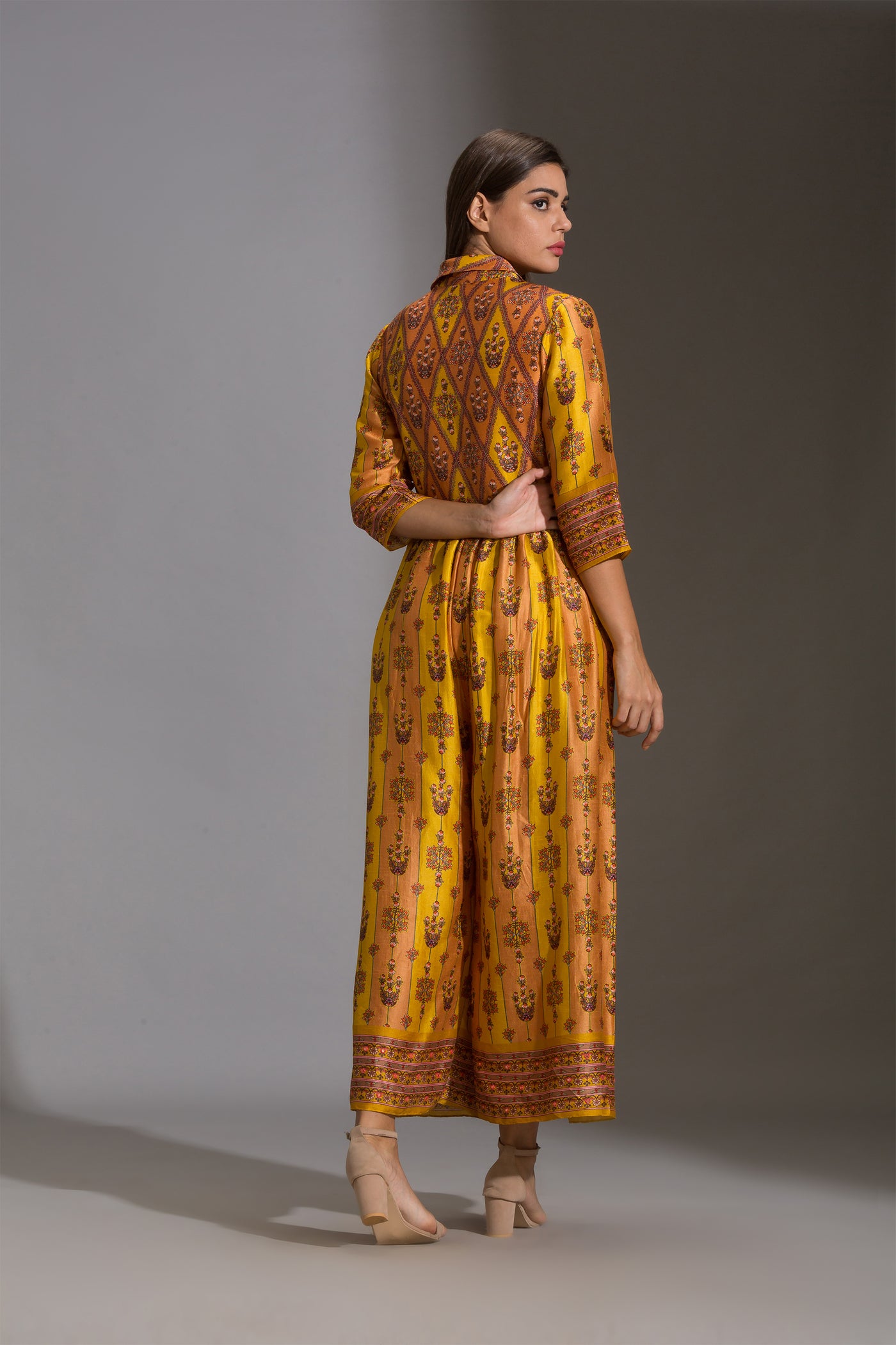 sougat paul Yellow Printed Collared Jumpsuit festive fusion indian designer wear online shopping melange singapore