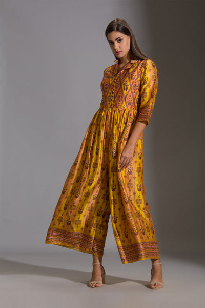 sougat paul Yellow Printed Collared Jumpsuit festive fusion indian designer wear online shopping melange singapore