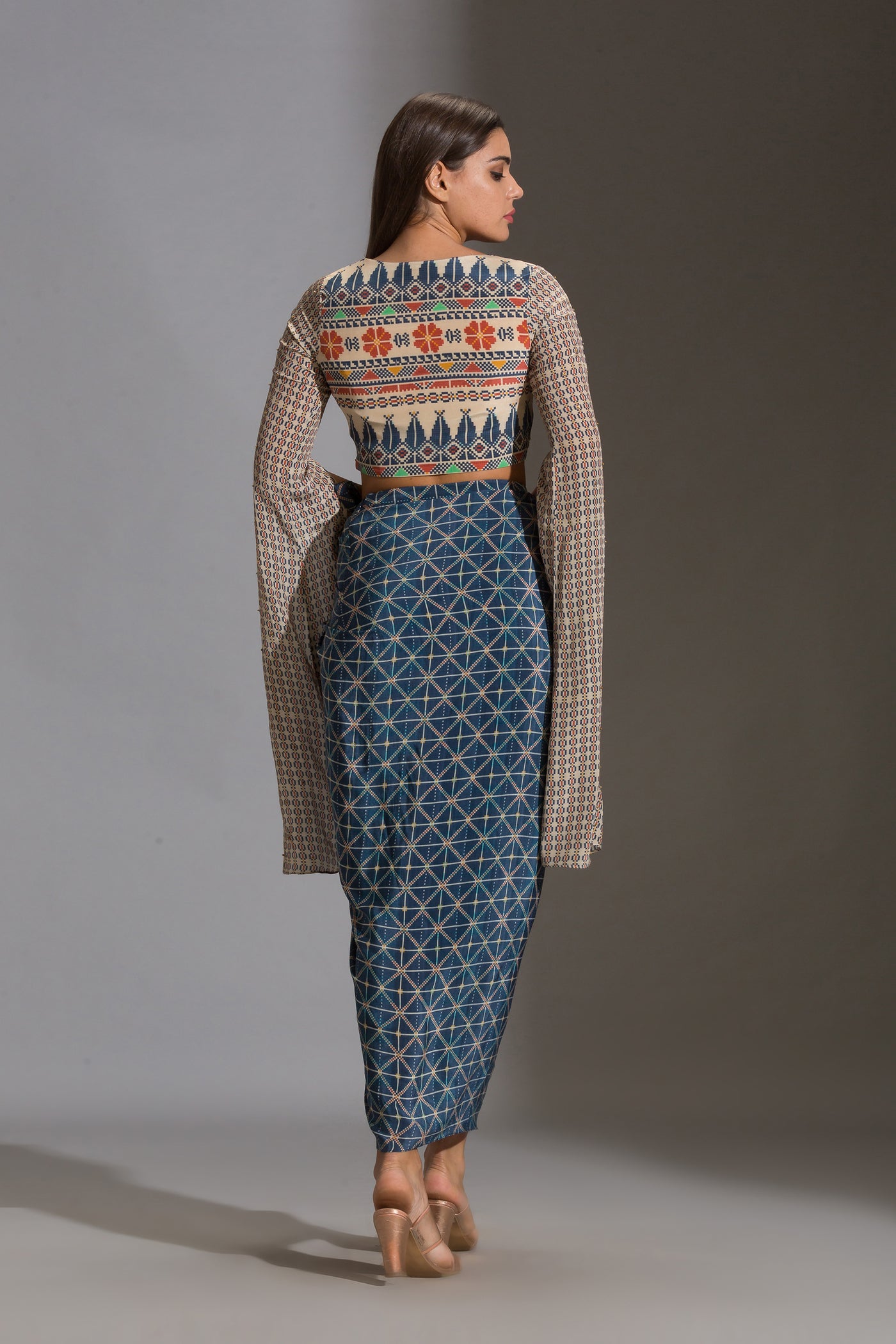 sougat paul Printed Crop Top And Dhoti Skirt Set blue multicolor festive fusion indian designer wear online shopping melange singapore