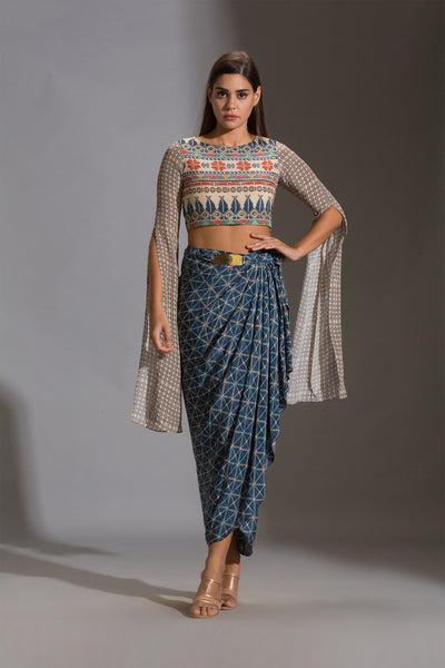 sougat paul Printed Crop Top And Dhoti Skirt Set blue multicolor festive fusion indian designer wear online shopping melange singapore