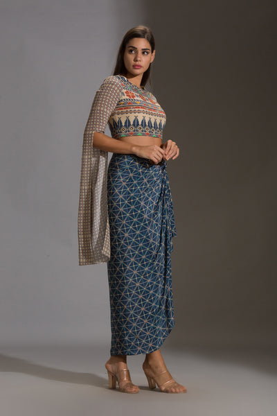 sougat paul Printed Crop Top And Dhoti Skirt Set blue multicolor festive fusion indian designer wear online shopping melange singapore