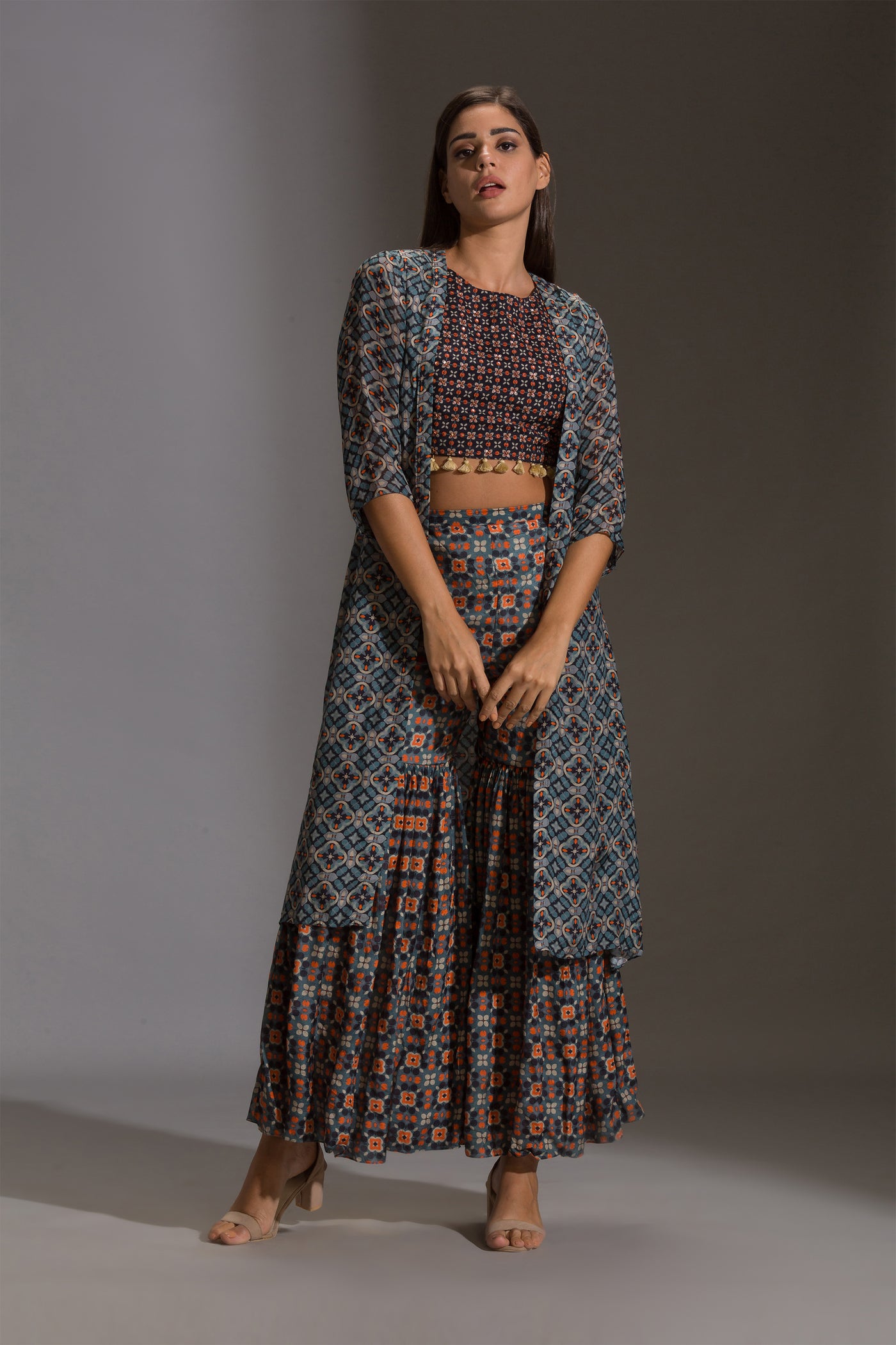 sougat paul Printed crop top with tassel detail paired with printed sharara and jacket blue fusion online shopping melange singapore indian designer wear