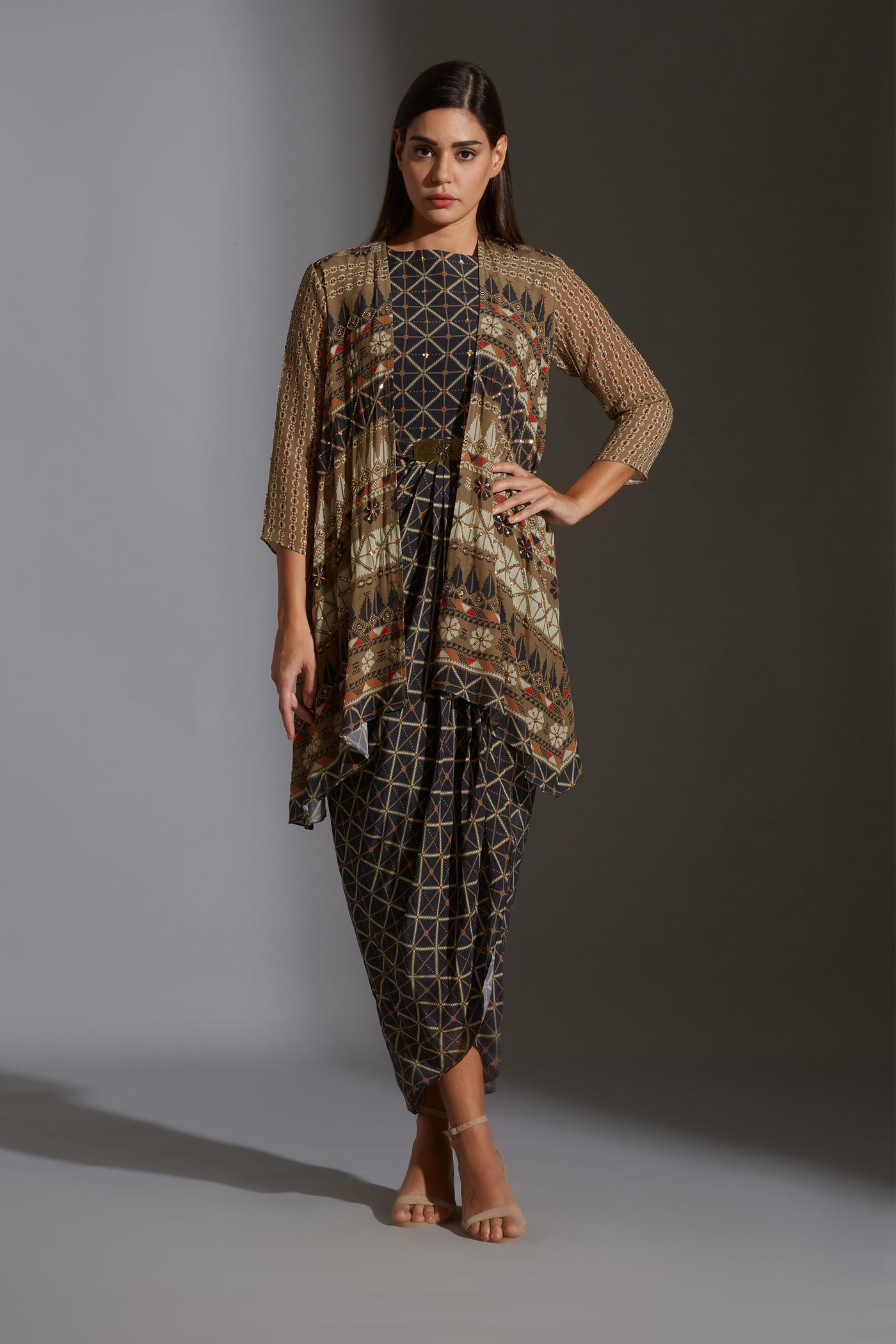 sougat paul Printed dhoti dress with side cuts paired with printed jacket blue festive fusion indian designer wear online shopping melange singapore