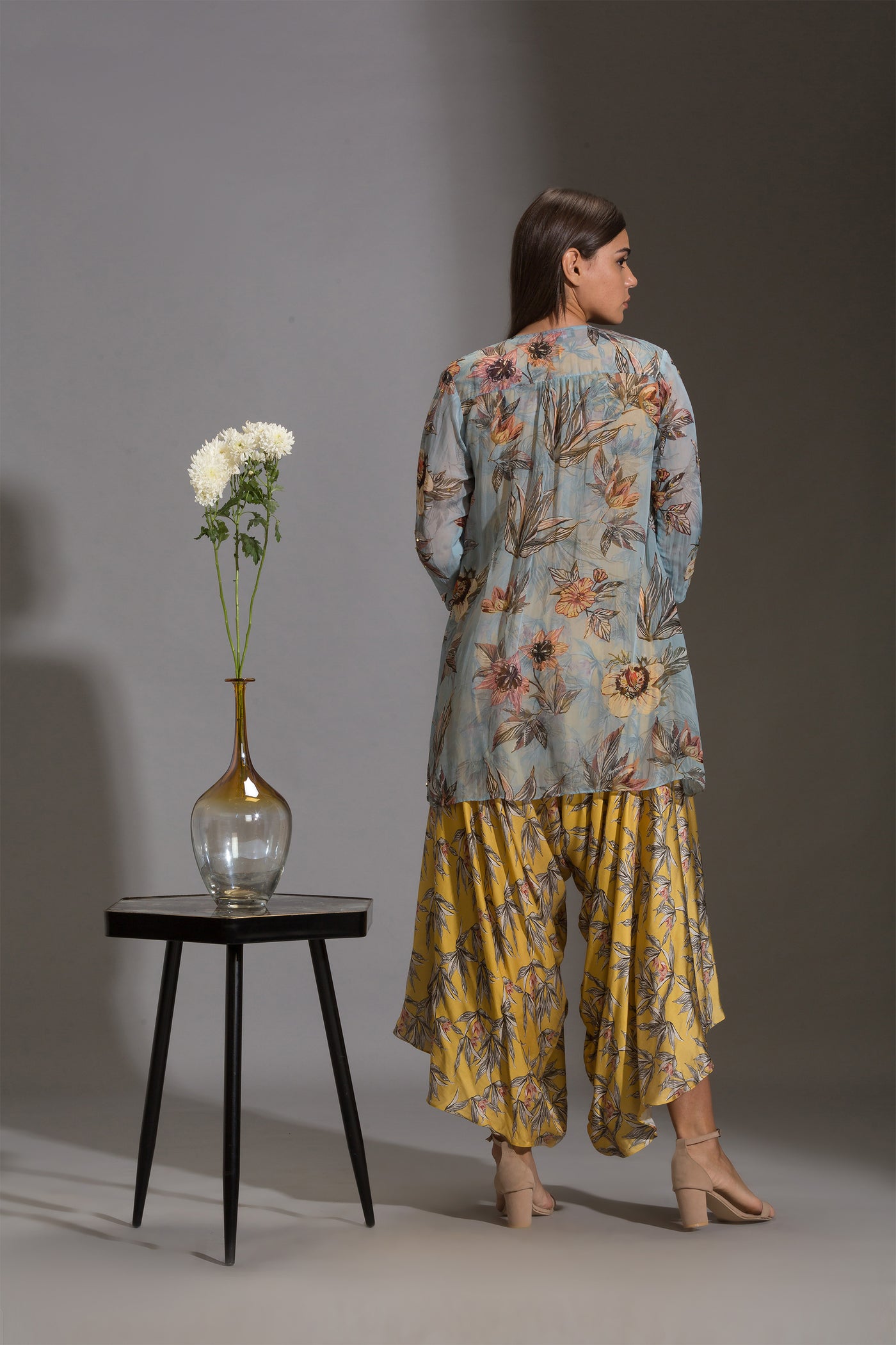 sougat paul Printed dhoti jumpsuit paired with asymmetrical jacket yellow blue fusion online shopping melange singapore indian designer wear