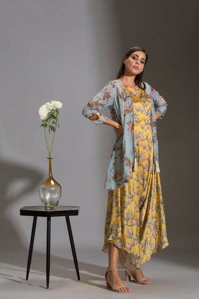 sougat paul Printed dhoti jumpsuit paired with asymmetrical jacket yellow blue fusion online shopping melange singapore indian designer wear