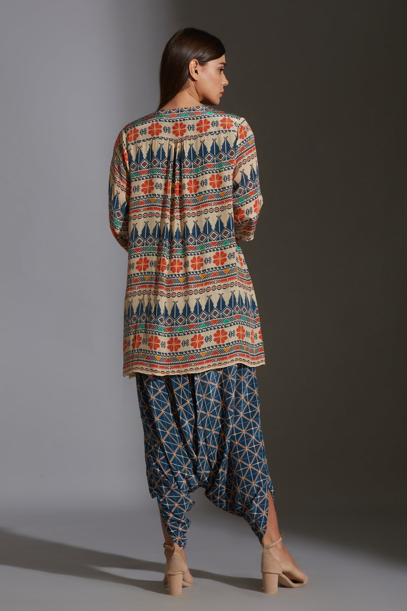 sougat paul Printed dhoti jumpsuit paired with printed jacket and tassel details multicolor festive fusion indian designer wear online shopping melange singapore