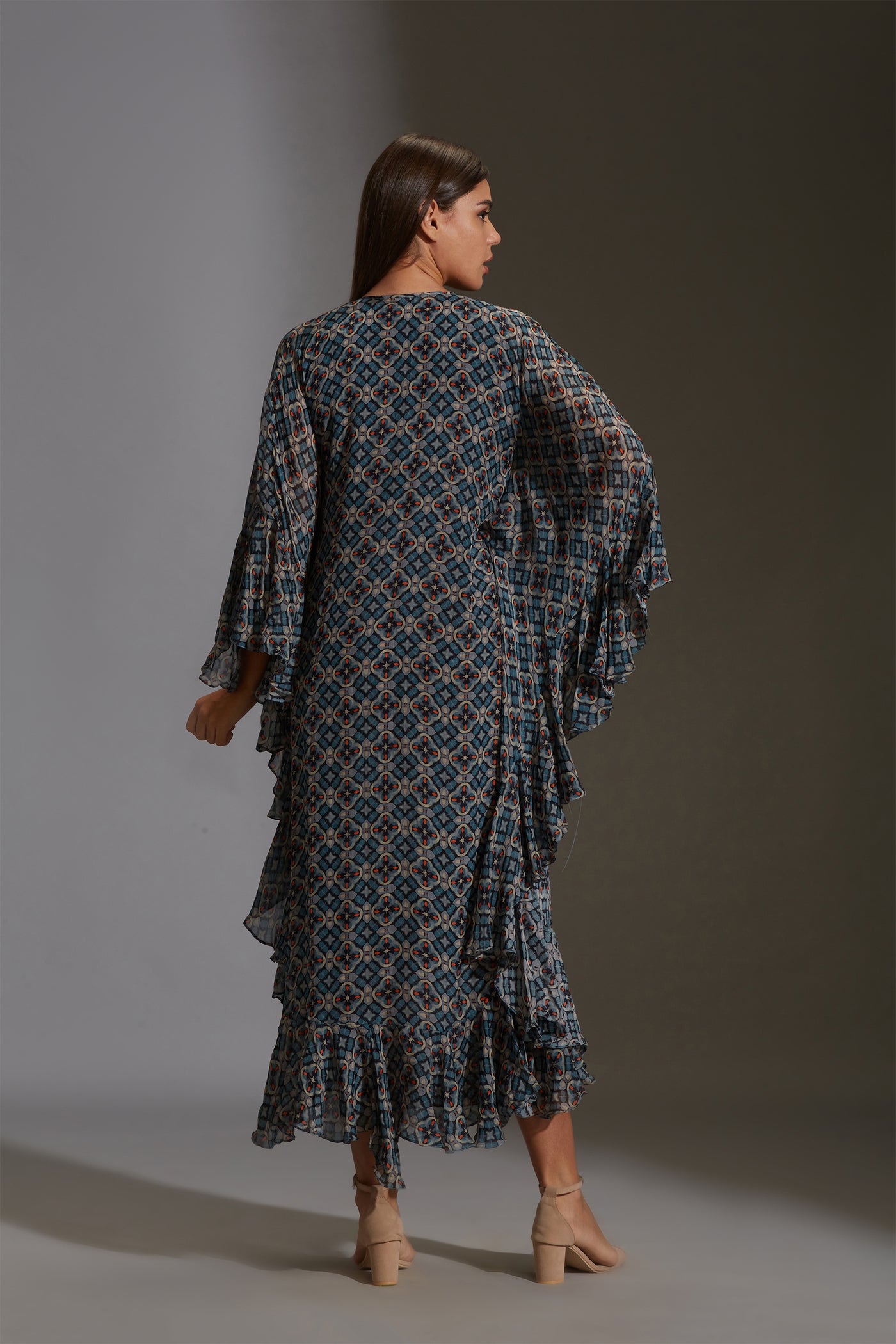 sougat paul Printed drape dress with asymmetrical top with frills blue fusion online shopping melange singapore indian designer wear