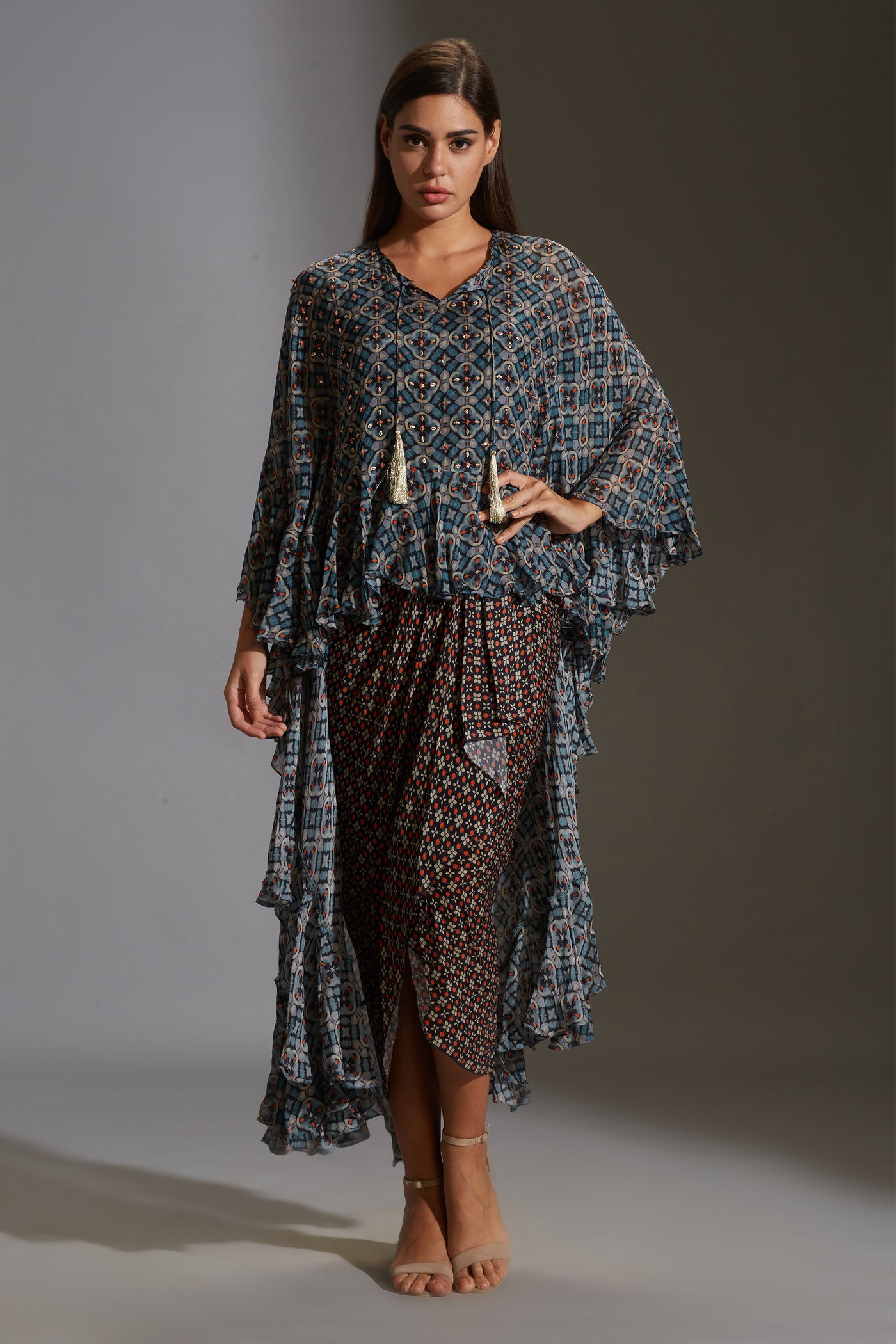 sougat paul Printed drape dress with asymmetrical top with frills blue fusion online shopping melange singapore indian designer wear