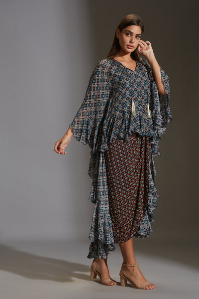 sougat paul Printed drape dress with asymmetrical top with frills blue fusion online shopping melange singapore indian designer wear