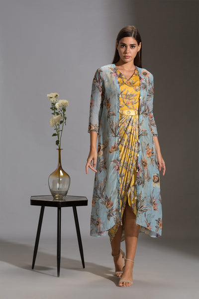 sougat paul Printed drape dress with side cuts paired with printed jackets and tassel detail blue yellow fusion indian designer wear online shopping melange singapore