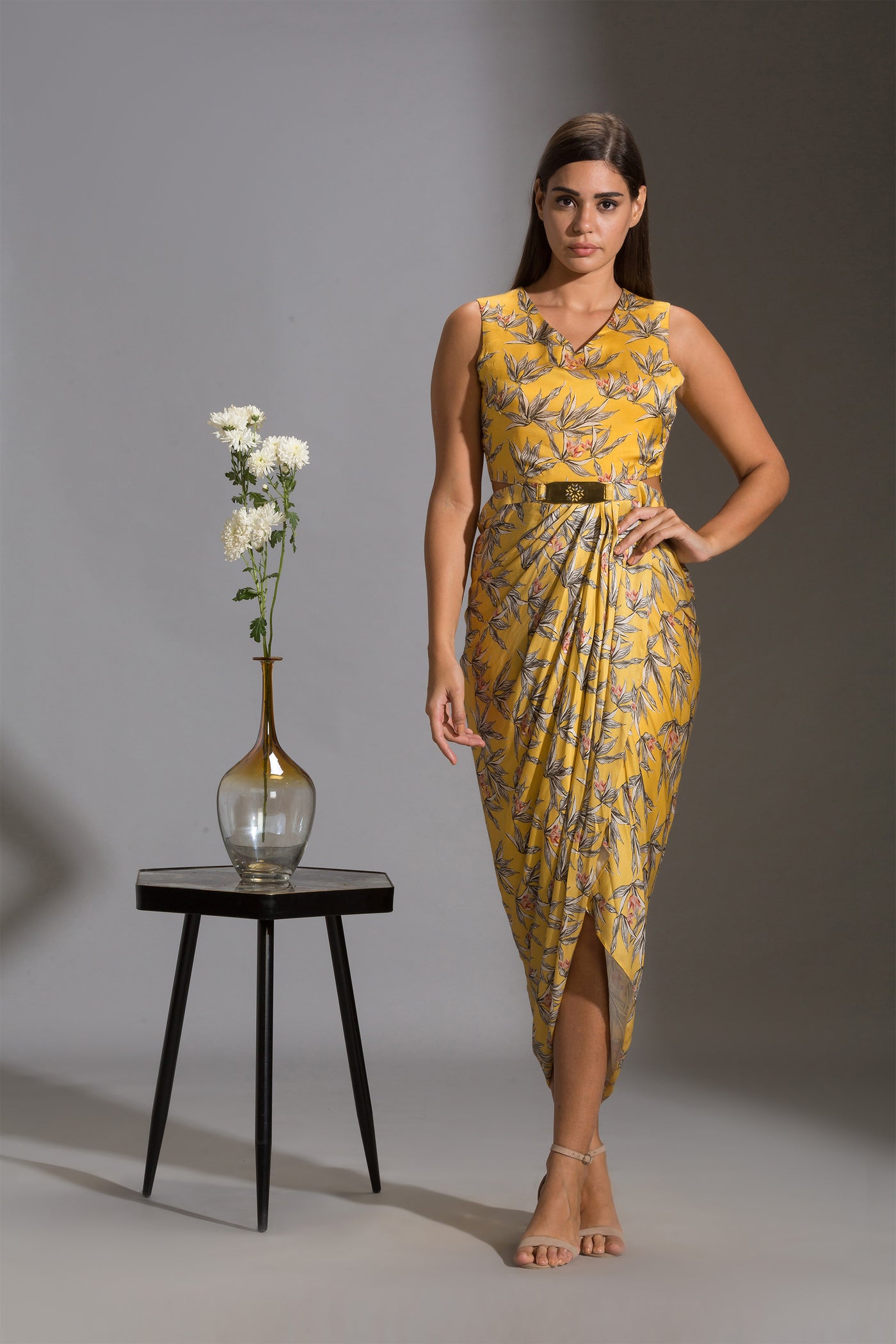 sougat paul Printed drape dress with side cuts paired with printed jackets and tassel detail blue yellow fusion indian designer wear online shopping melange singapore
