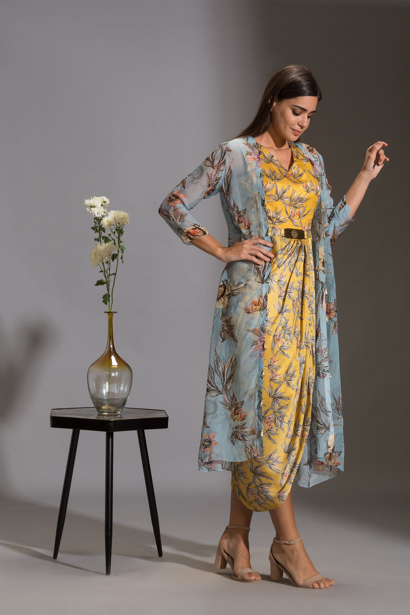 sougat paul Printed drape dress with side cuts paired with printed jackets and tassel detail blue yellow fusion indian designer wear online shopping melange singapore