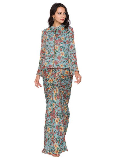sougat paul Printed Drape Skirt And Jacket green fusion indian designer wear online shopping melange singapore