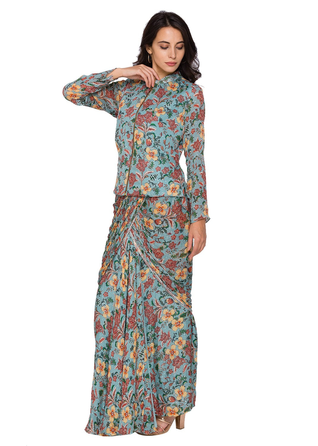 sougat paul Printed Drape Skirt And Jacket green fusion indian designer wear online shopping melange singapore