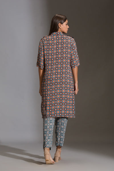 sougat paul Printed kurta with shoulder flap paired with printed narrow pants blue online shopping melange singapore indian designer wear