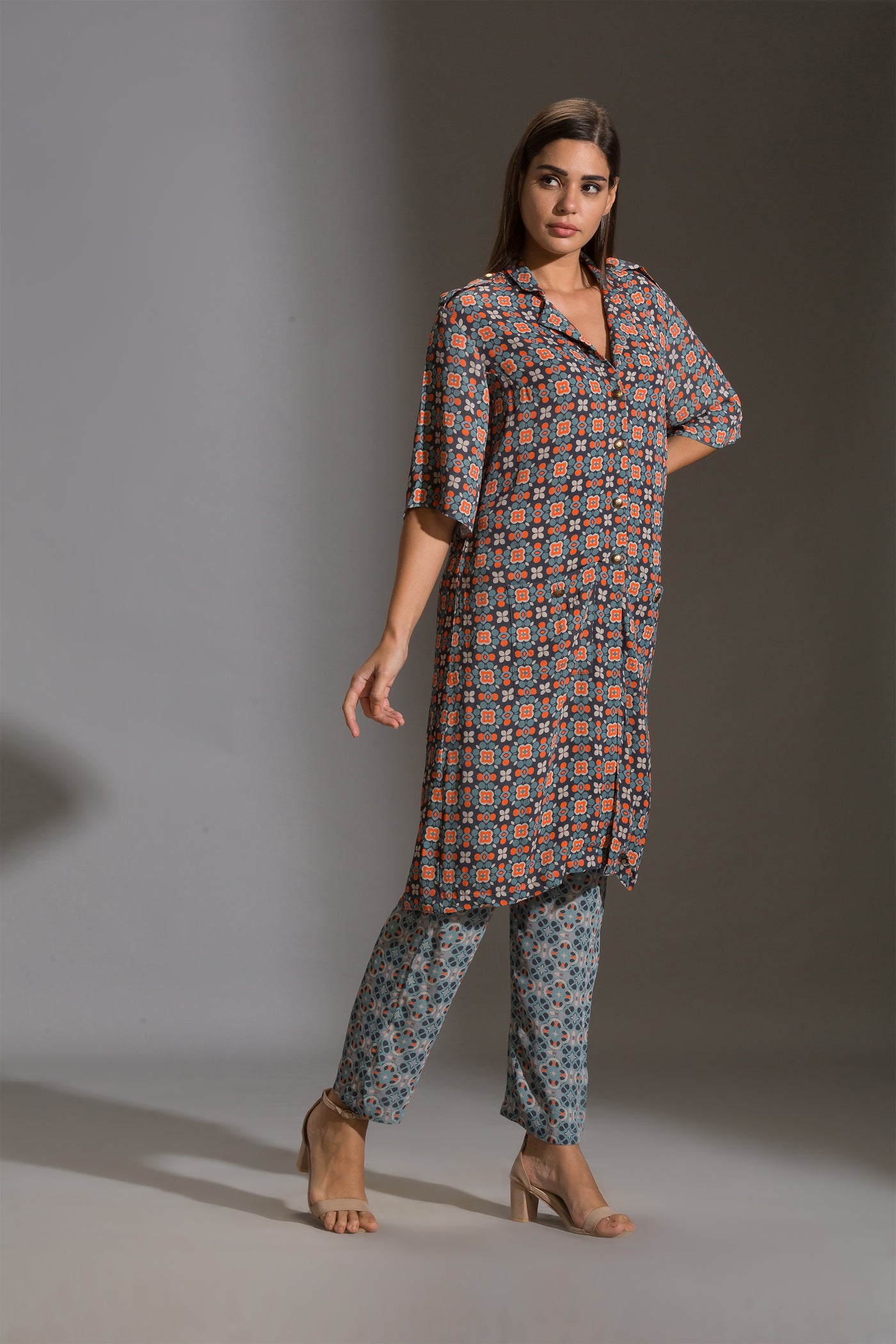 sougat paul Printed kurta with shoulder flap paired with printed narrow pants blue online shopping melange singapore indian designer wear