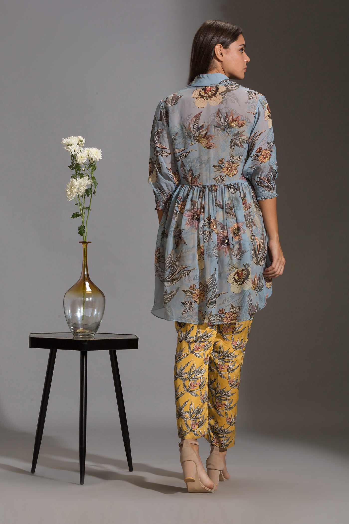 sougat paul Printed narrow bottom jumpsuit paired with chiffon collared jacket and rushed sleeves blue yellow fusion online shopping melange singapore indian designer wear
