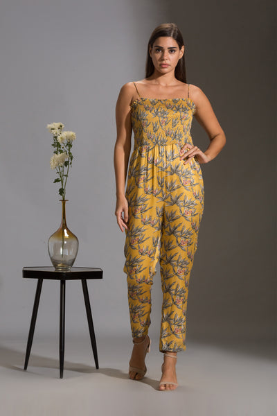 sougat paul Printed narrow bottom jumpsuit paired with chiffon collared jacket and rushed sleeves blue yellow fusion online shopping melange singapore indian designer wear