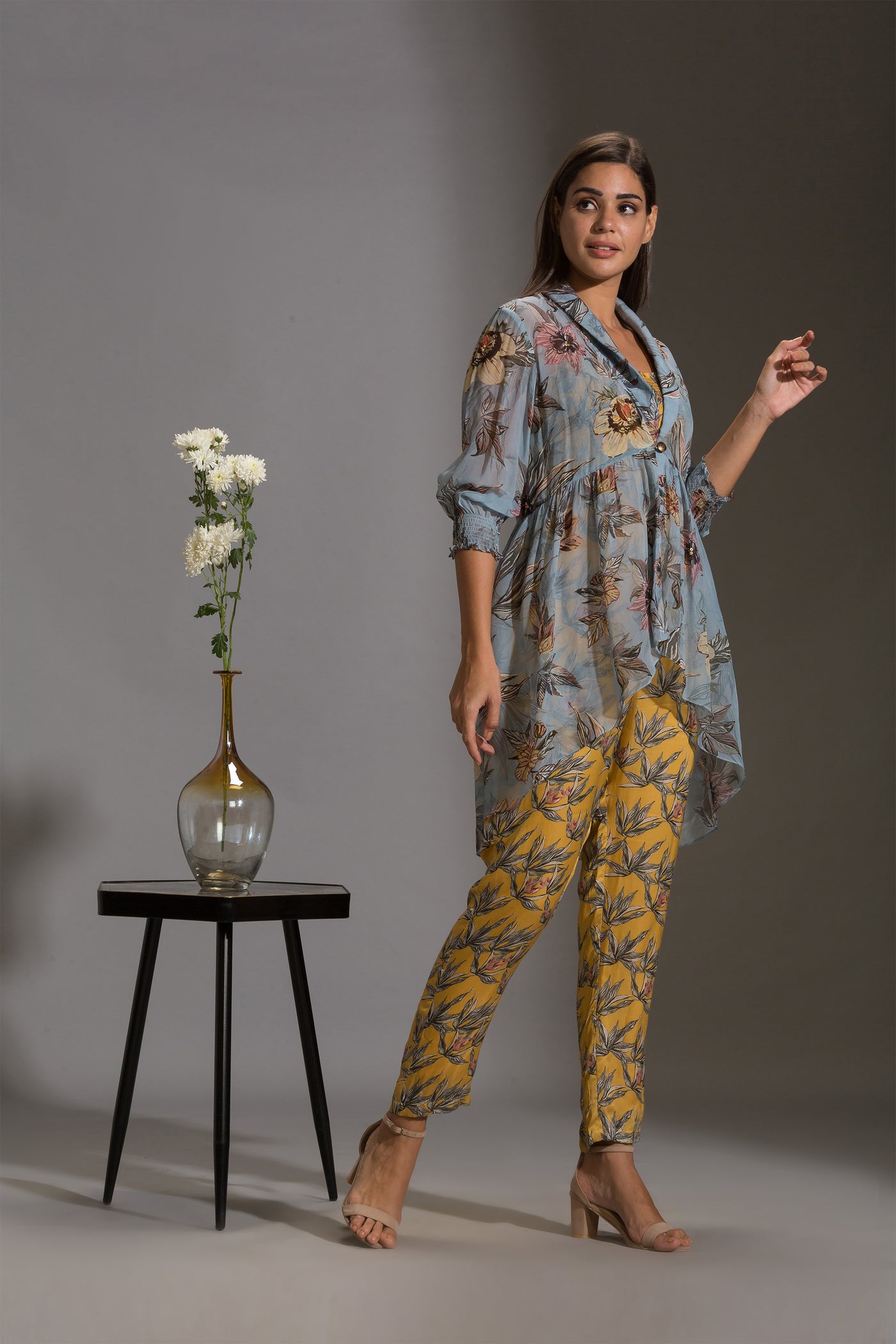 sougat paul Printed narrow bottom jumpsuit paired with chiffon collared jacket and rushed sleeves blue yellow fusion online shopping melange singapore indian designer wear