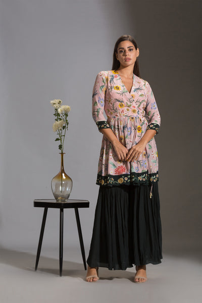 sougat paul Printed overlap kurta paired with sharara pants pink green indian fusion designer wear online shopping melange singapore