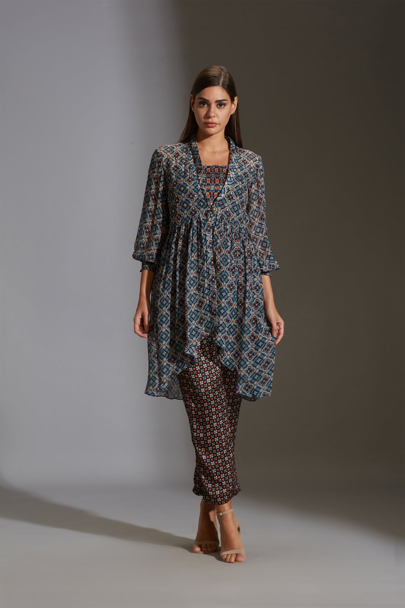 sougat paul Printed rushed top paired with narrow bottom pants and printed chiffon jacket blue fusion indian designer wear online shopping melange singapore