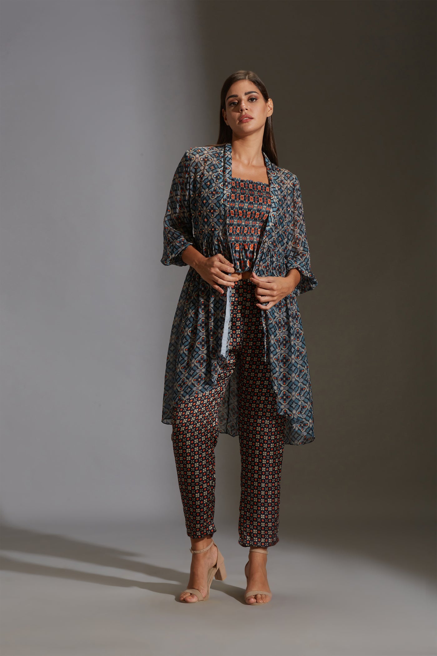 sougat paul Printed rushed top paired with narrow bottom pants and printed chiffon jacket blue fusion indian designer wear online shopping melange singapore