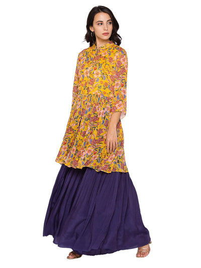 sougat paul Printed Top With Sharara Set yellow blue festive fusion indian designer wear online shopping melange singapore