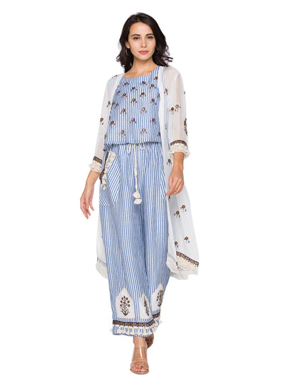 sougat paul Printed Top With Organza Jacket Set Blue Western indian designer wear online shopping melange singapore