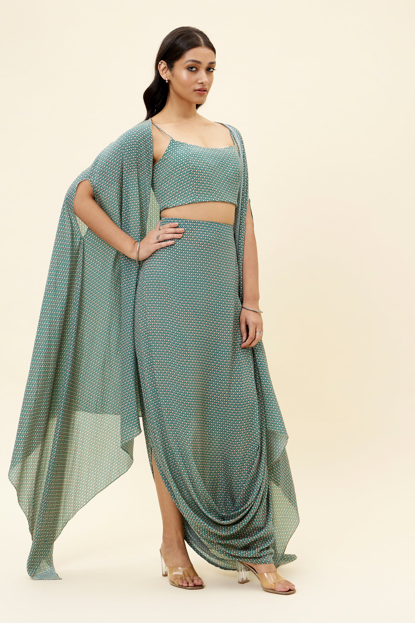 sva Beige Butti Print Drape Skirt With Bustier And Cape online shopping melange singapore indian designer wear