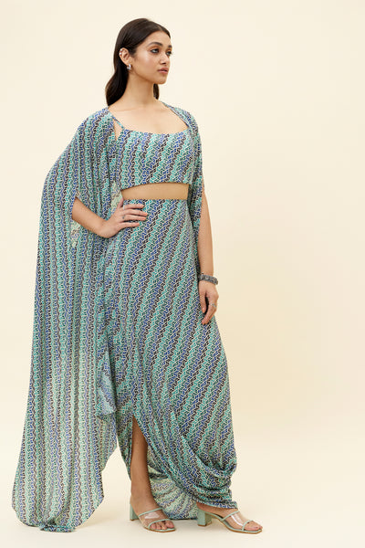 sva Beige Leaf Print Drape Skirt With Bustier And Cape online shopping melange singapore indian designer wear