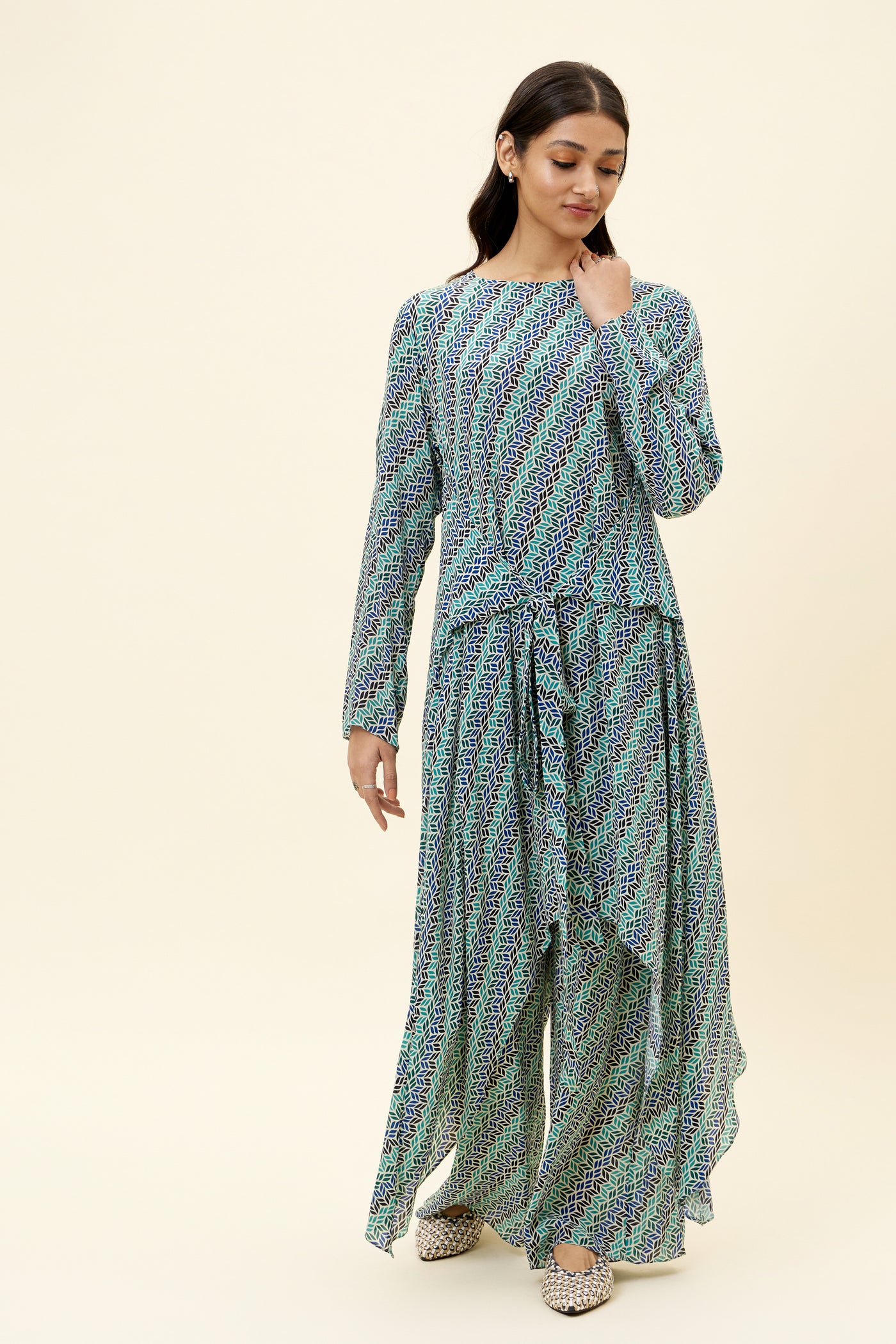 sva Beige Leaf Print Front Tie-Up Tunic Set online shopping melange singapore indian designer wear