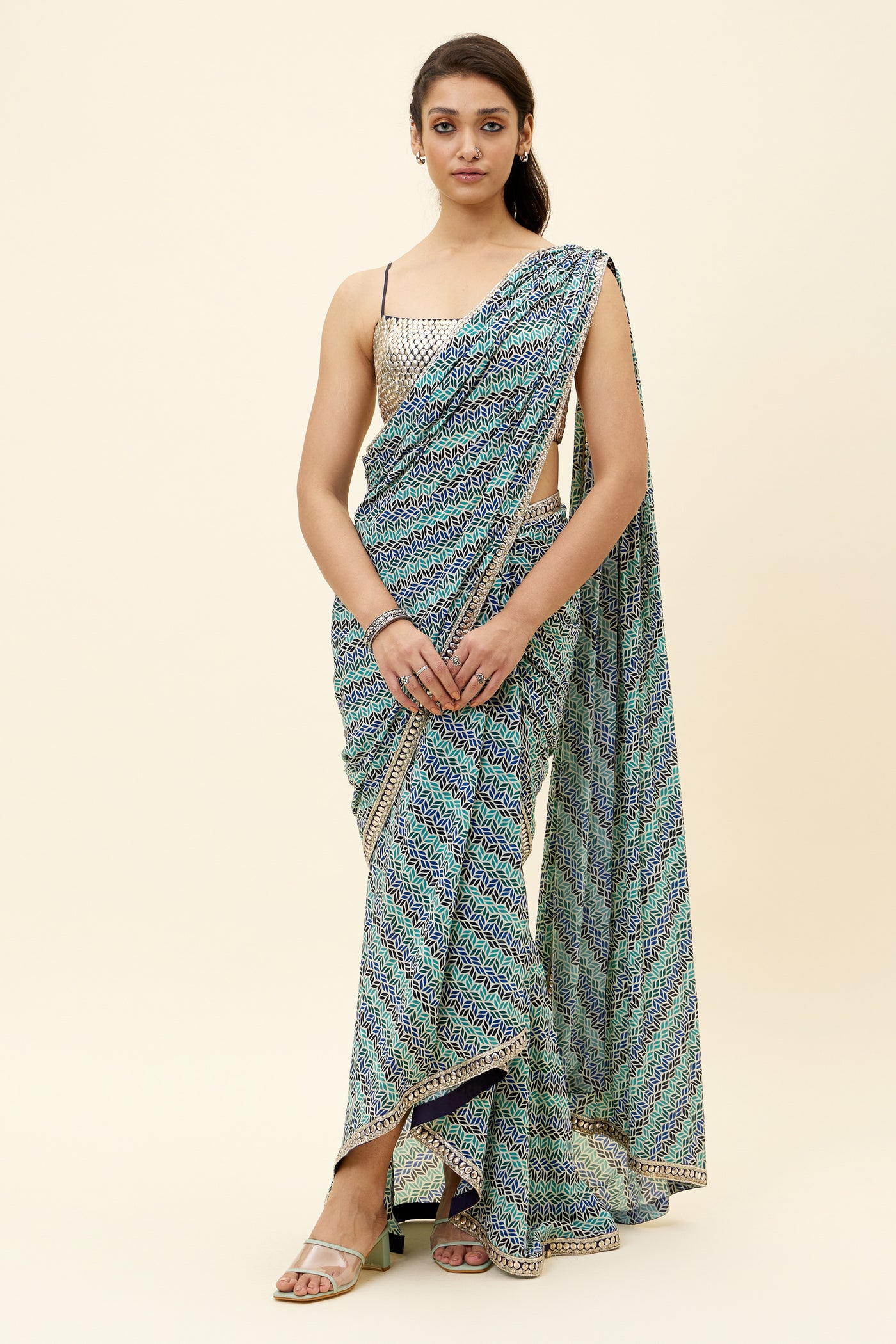 sva Beige Leaf Print Pre Stitched Cascade Saree With Blouse online shopping melange singapore indian designer wear