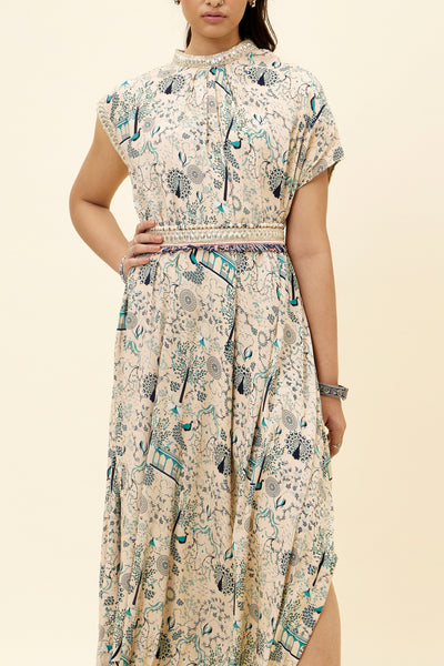 sva Beige Mor Jaal Print Drape Dress With Emb Belt online shopping melange singapore indian designer wear