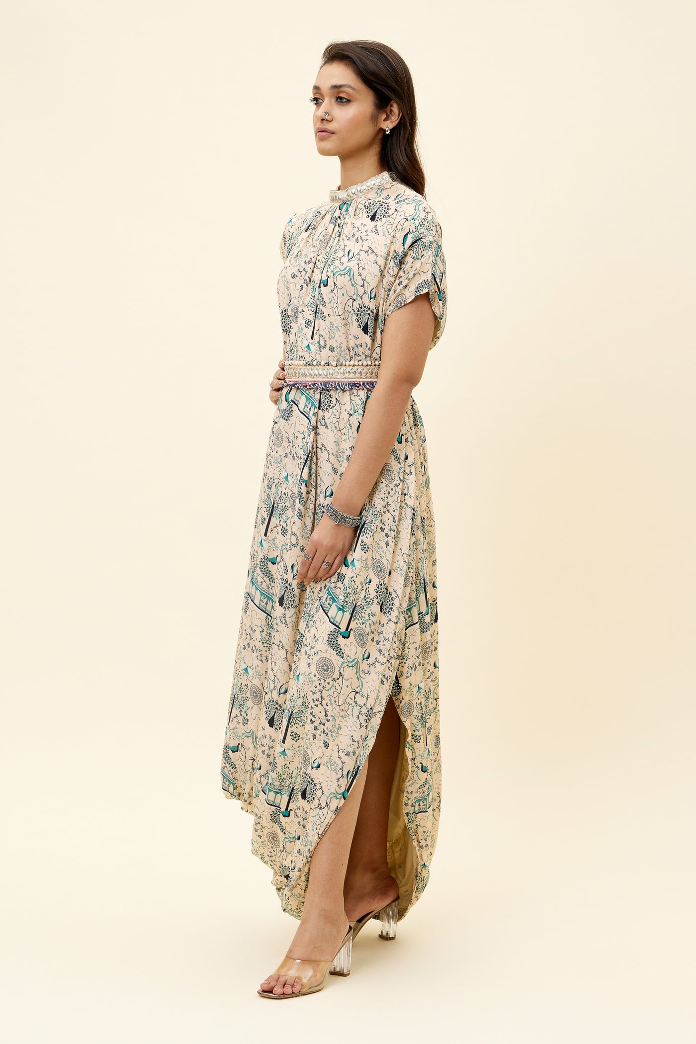 sva Beige Mor Jaal Print Drape Dress With Emb Belt online shopping melange singapore indian designer wear