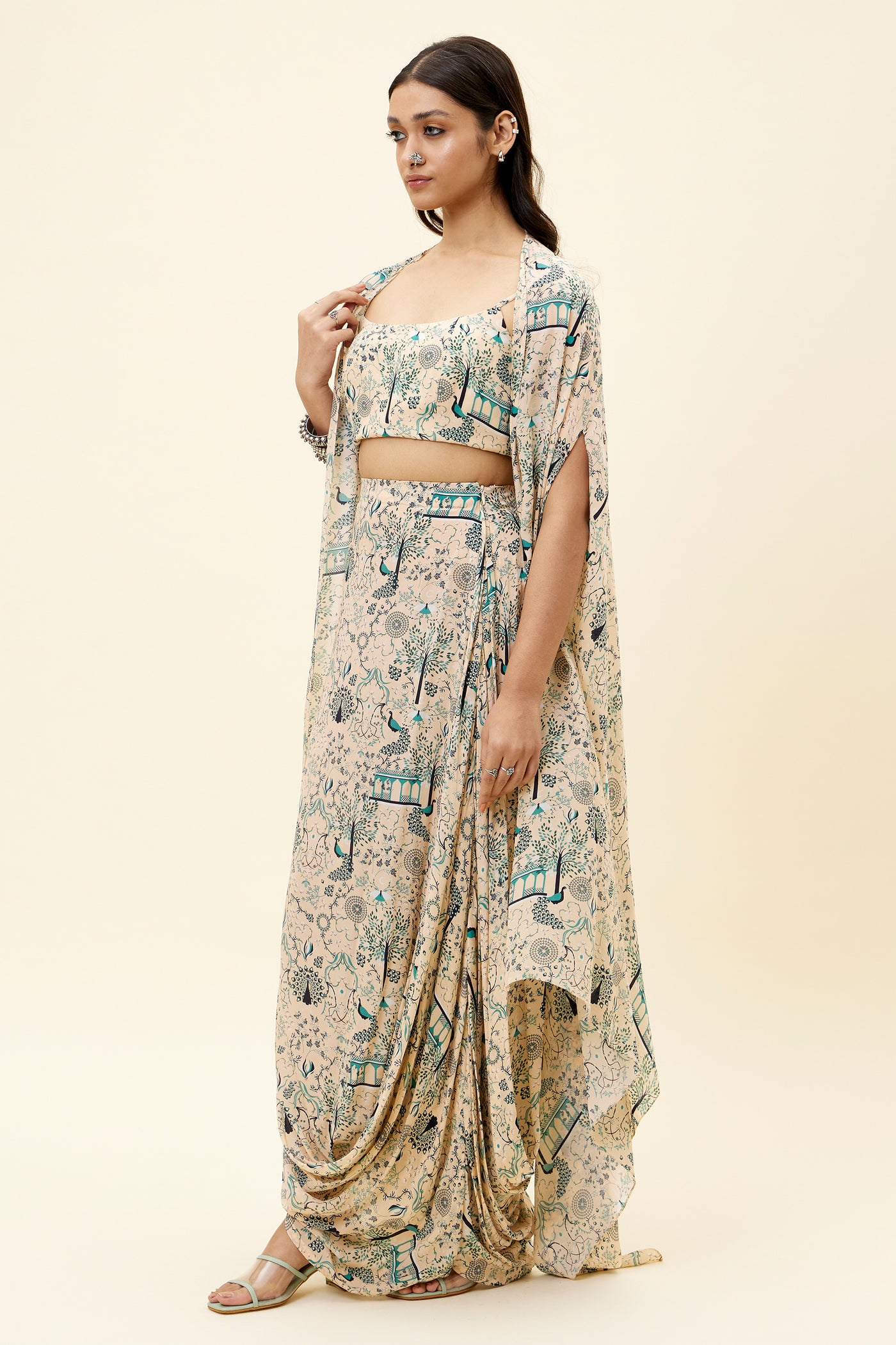 sva Beige Mor Jaal Print Drape Skirt With Bustier And Cape online shopping melange singapore indian designer wear