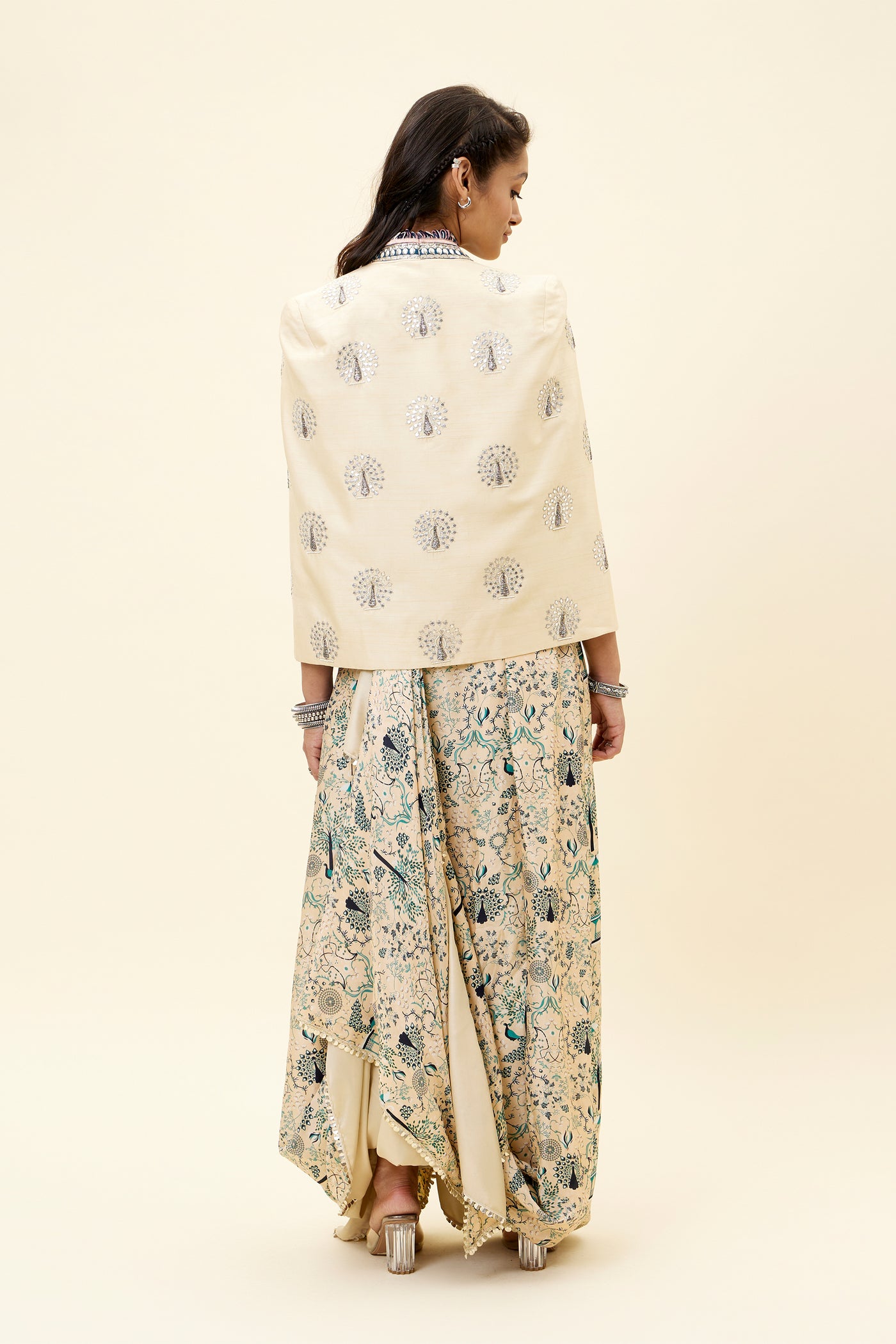 sva Beige Mor Jaal Print Nusrat Draped Skirt And Bustier With Jacket online shopping melange singapore indian designer wear