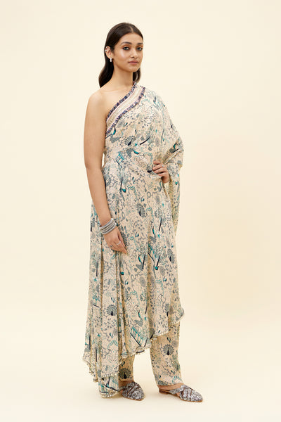 sva Beige Mor Jaal Print One Shoulder Drape Saree With Pants online shopping melange singapore indian designer wear