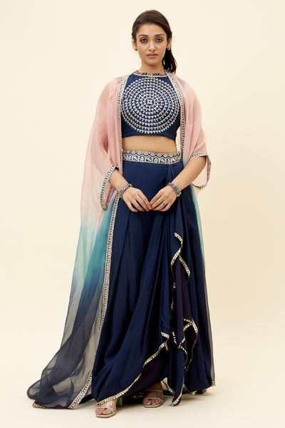 sva Blue Butta Embroidered Crop Top And Skirt Set blue online shopping melange singapore indian designer wear
