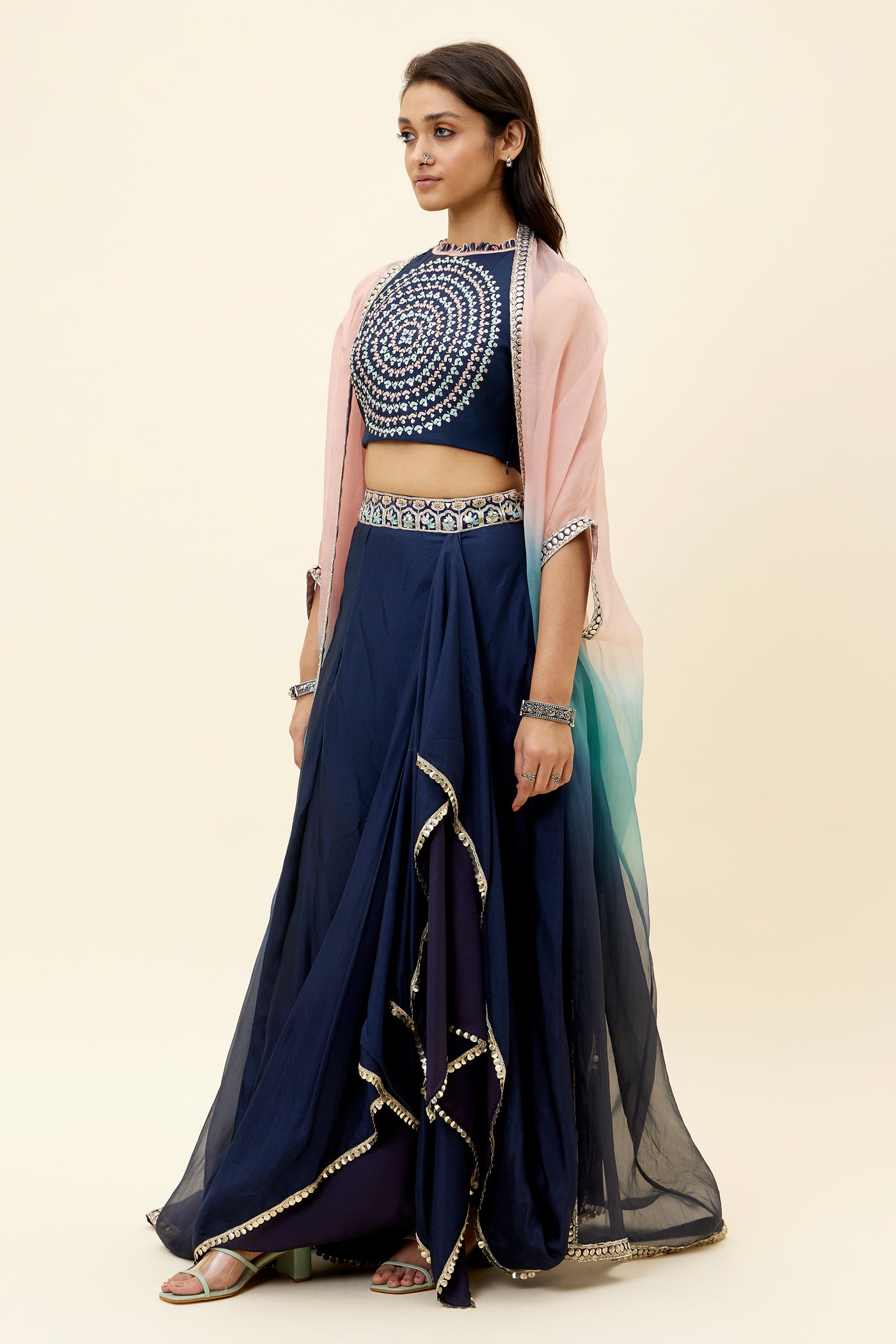 sva Blue Butta Embroidered Crop Top And Skirt Set blue online shopping melange singapore indian designer wear