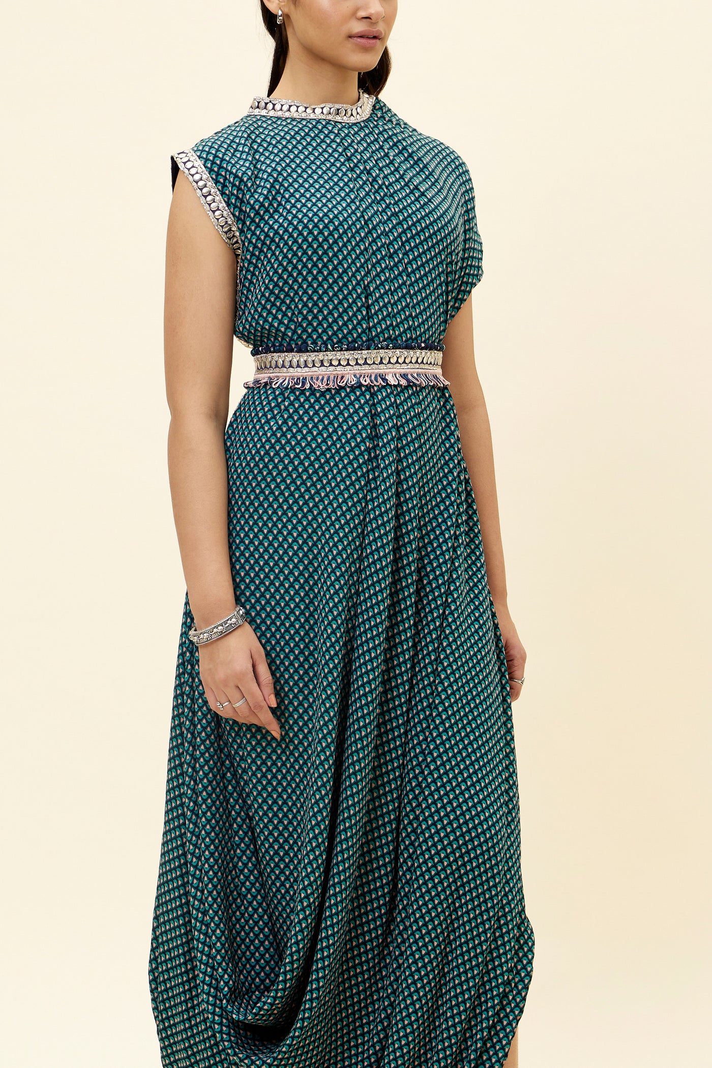 sva Blue Butti Print Drape Dress With Emb Belt online shopping melange singapore indian designer wear