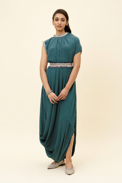 sva Blue Butti Print Drape Dress With Emb Belt online shopping melange singapore indian designer wear